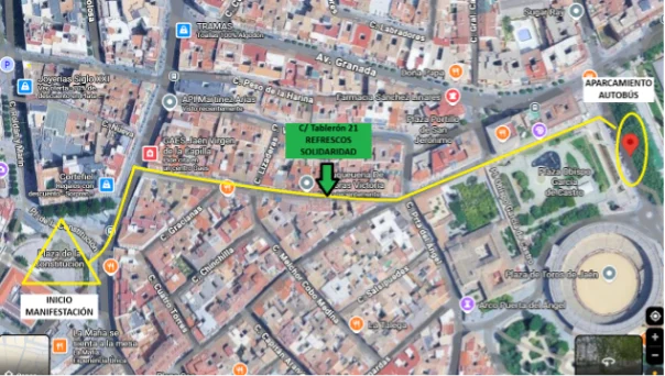Mapa de acceso a pie desde el aparcamiento hasta el inicio de la manifestación